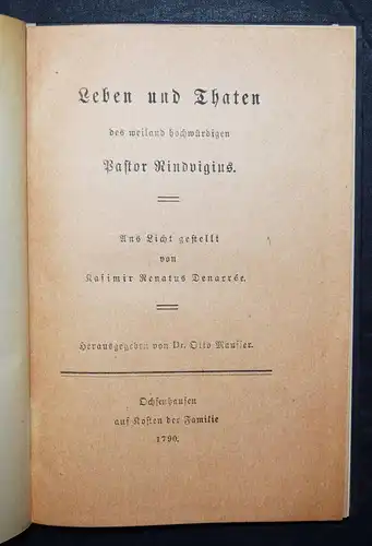 Denarrée, Leben und Thaten des...Pastor Rindvigius - JANUS-VERLAG 1913 SATIRE