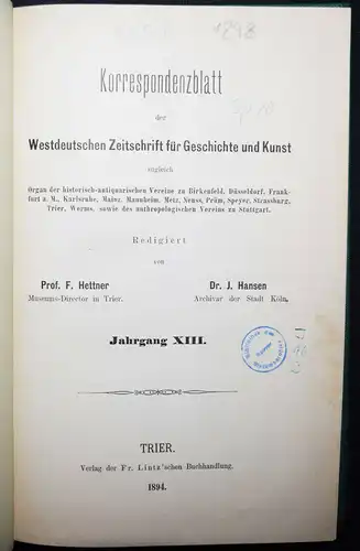 Hettner, Westdeutsche Zeitschrift für Geschichte und Kunst 1891-1903 ZEITSCHRIFT