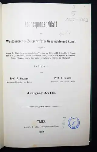 Hettner, Westdeutsche Zeitschrift für Geschichte und Kunst 1891-1903 ZEITSCHRIFT