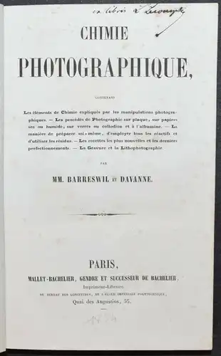 DAVANNE BARRESWIL - CHIMIE PHOTOGRAPHIQUE 1854 - PHOTOGRAPHIE / CHEMIE