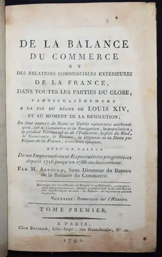 Arnould, De la balance du commerce et des relations commerciales 1791 HANDEL