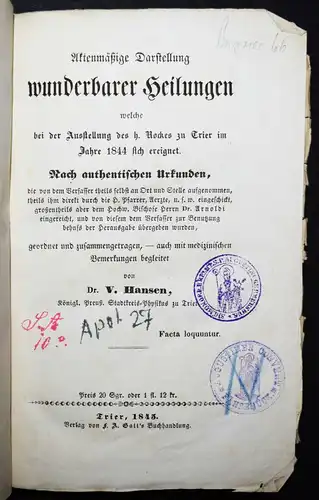 Hansen, Aktenmässige Darstellung wunderbarer 1845 ABERGLAUBE WUNDERGLAUBE