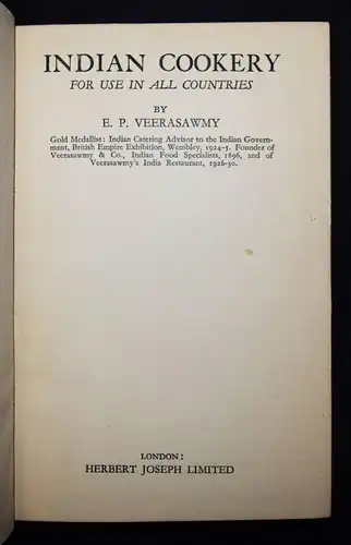 Veerasawmy, Indian cookery for use in all countries 1936 EDWARD PALMER