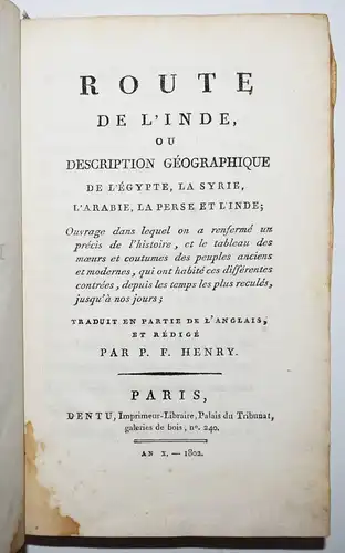 Henry, Route de l’Inde 1802 ÄGYPTEN SYRIEN INDIA VORDERASIEN ORIENT EGYPT