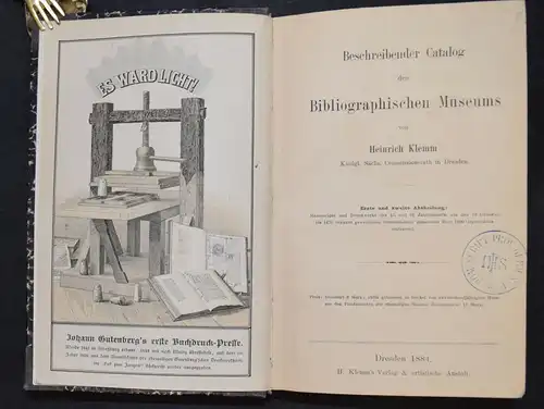 Klemm, Beschreibender Catalog des Bibliographischen Museums 1884 Bibliographie