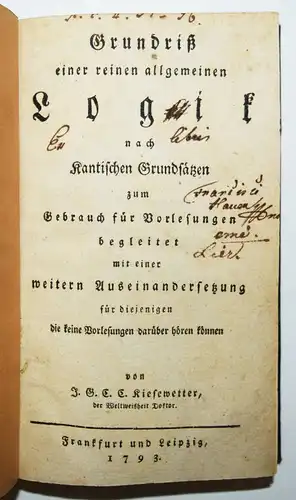 Kiesewetter, Grundriß einer reinen allgemeinen Logik - 1793 - KANT