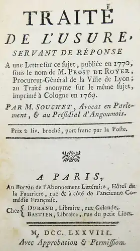 Souchet, Traite de l’usure - 1778 ERSTE AUSGABE