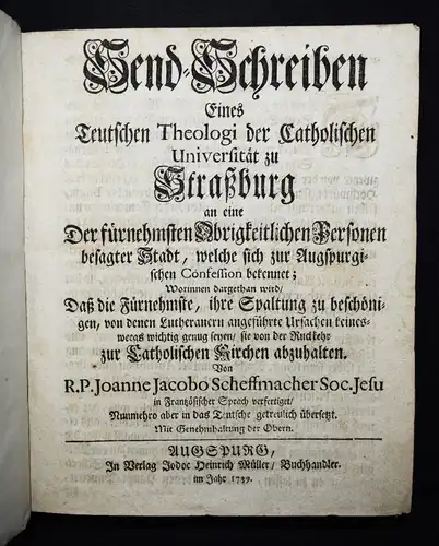 Scheffmacher, Send-Schreiben eines teutschen Theologi 1739 Straßburg Strasbourg