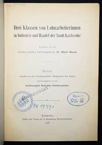 Baum, Drei Klassen von Lohnarbeiterinnen...Karlsruhe  1906 FRAUENARBEIT FRAUEN