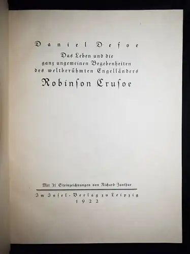 Robinson Crusoe – Defoe, Das Leben... INSEL 1922 Richard Janthur 1/800
