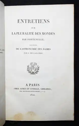 Fontenelle, Entretiens sur la pluralité des mondes - 1820 ASTRONOMIE