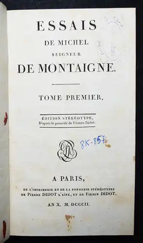 Montaigne, Essais - 1802 - TYPOGRAPHY Schönes Exemplar