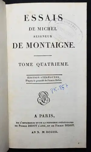 Montaigne, Essais - 1802 - TYPOGRAPHY Schönes Exemplar