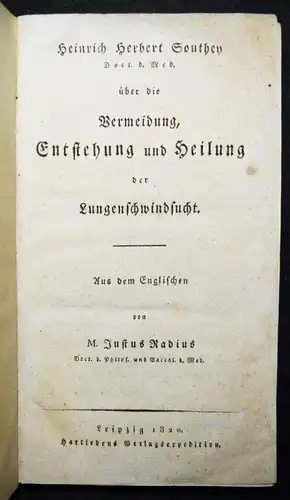 Southey, Vermeidung und Heilung der Lungenschwindsucht SCHWINDSUCHT WASSERSUCHT