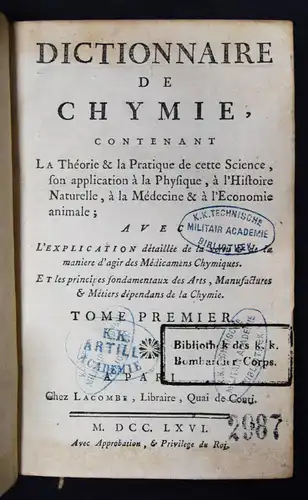 Macquer, Dictionnaire de chymie - 1766 - CHEMICS CHEMIE-WÖRTERBUCH-LEXIKON