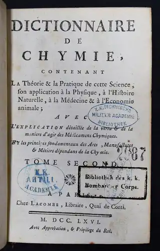 Macquer, Dictionnaire de chymie - 1766 - CHEMICS CHEMIE-WÖRTERBUCH-LEXIKON