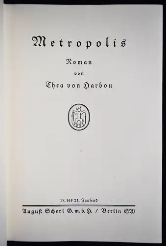 Harbou, Thea v. Metropolis - 1926 ORIGINAL-SCHUTZUMSCHLAG ! ORIGINAL DUSTJACKET