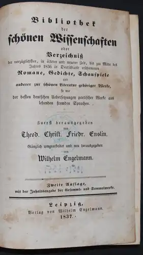 Bibliothek der schönen Wissenschaften 1837 - Enslin u. Engelmann - Bibliographie