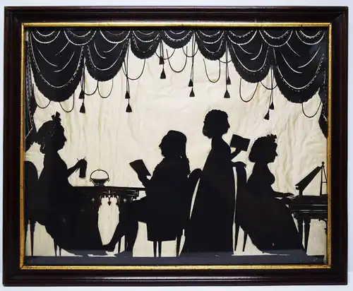 ORIGINAL-BIEDERMEIER-PAPER-CUT 1800 SILHOUETTE SCHERENSCHNITT Familie im Salon