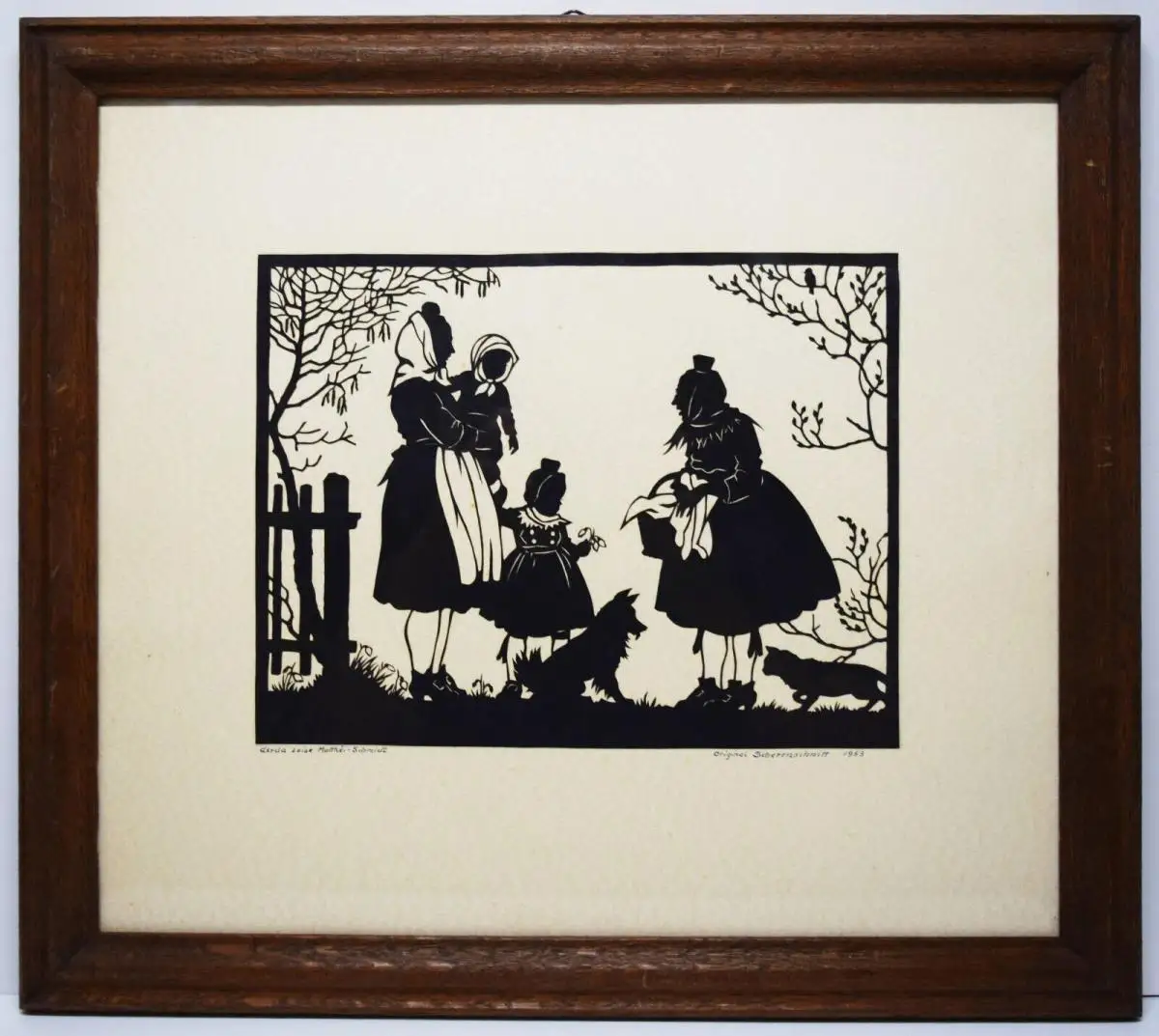 ORIG.-SCHERENSCHNITT 1953 SIGNIERT Matthei-Schmidt. Zwei Frauen, Kinder, Hunde 0