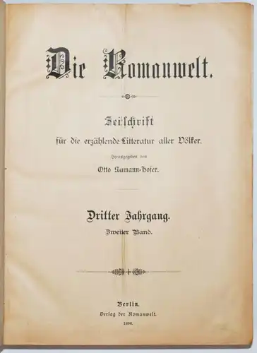 Die Romanwelt. Zeitsschrift für die erzählende Litteratur 1896 Dritter Jahrgang