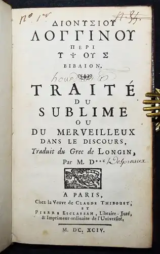 Boileau-Despreaux, Traite du sublime - 1694 ALTPHILOLOGIE ANTIKE