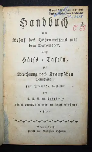 Leithold, Handbuch zum Behuf des Höhenmessens mit dem Barometer 1801 GEODÄSIE