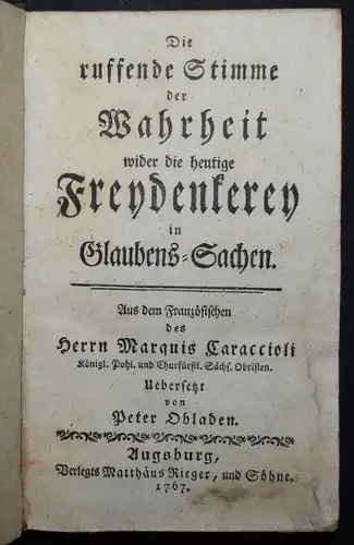 Caraccioli, Die ruffende Stimme der Wahrheit wider die heutige Freyden 1767