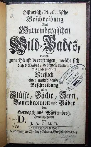 Gesner, Beschreibung des würtembergischen Willd-Bades BALNEOLOGIE SCHWARZWALD