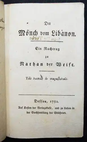 Lessing – Pfranger, Der Mönch vom Libanon - 1782 JUDAICA JUDAISM RINGPARABEL