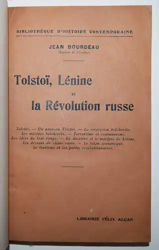 Bourdeau, Tolstoï, Lenine et la Revolution Russe 1921 SIGNIERT SOZIALISMUS