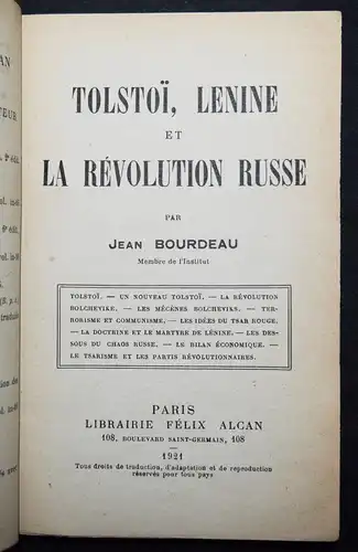 Bourdeau, Tolstoï, Lenine et la Revolution Russe 1921 SIGNIERT SOZIALISMUS