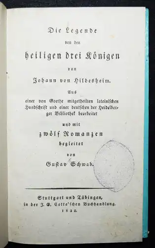 Schwab, Die Legende von den heiligen drei Königen - 1822 GERMANISTIK MITTELALTER