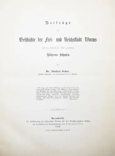 Worms – Becker, Beiträge zur Geschichte EINZIGE AUSGABE - AUS SCHLOSSBIBLITOHEK