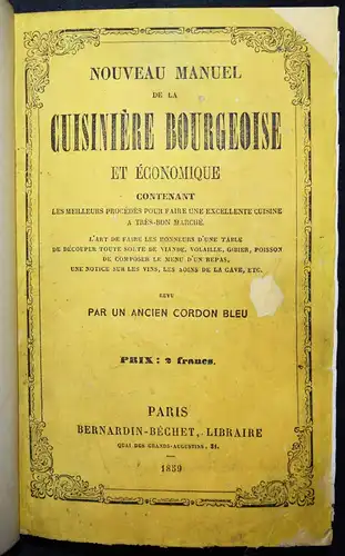 Nouveau manuel de la cuisiniere bourgeoise et economique 1860 KOCHBUCH KOCHEN