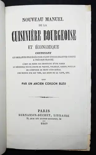 Nouveau manuel de la cuisiniere bourgeoise et economique 1860 KOCHBUCH KOCHEN