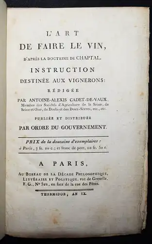 Cadet de Vaux, L’ art de faire le vin...1800 WEIN WEINBAU ÖNOLOGIE