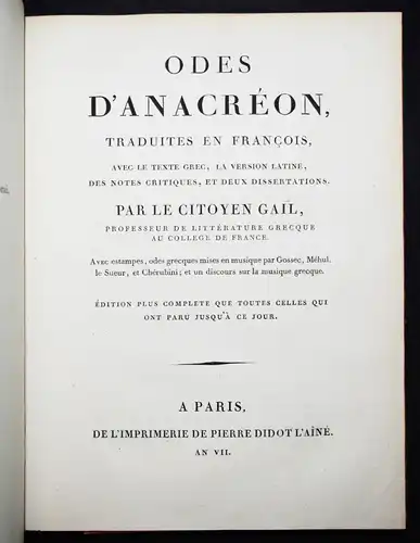 Anacreon. Odes Traduites en Francois, avec le texte grec, la version latine 1799