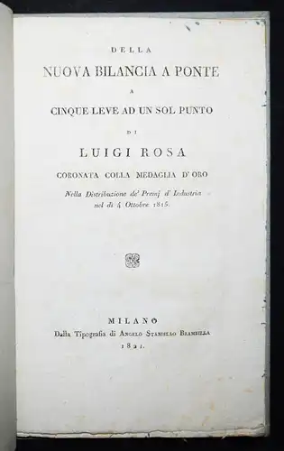 Rosa, Della nuova bilancia a ponte... 1821 MECHANICS WAAGE WAAGEN SCALE PHYSICS