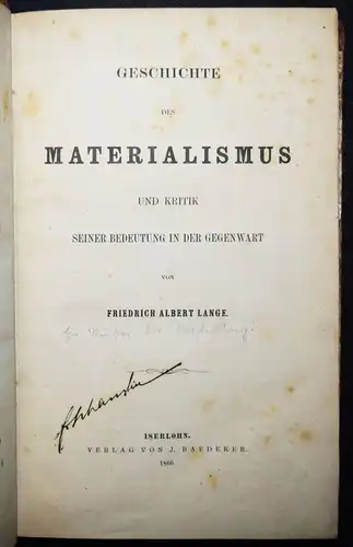 Lange, Geschichte des Materialismus und Kritik - 1866 ERSTE AUSGABE