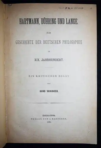 Vaihinger, Hartmann, Dühring und Lange. Baedeker 1876 ERSTE AUSGABE