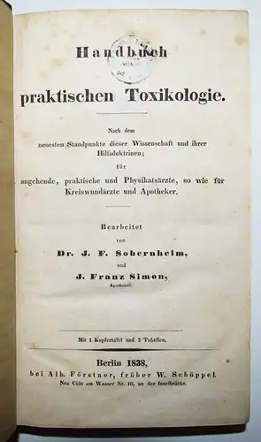 Sobernheim, Handbuch der praktischen Toxikologie - 1838 GIFT GIFTE GIFTKUNDE