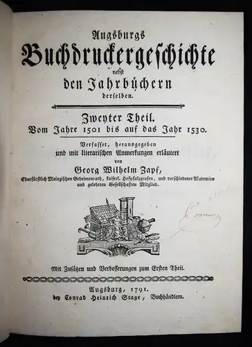 Zapf, Augsburgs Buchdruckergeschichte nebst den Jahrbüchern...1786 BUCHDRUCK