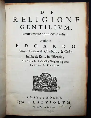 Cherbury, De religione gentilium - 1663 ENGLAND KIRCHENGESCHICHTE