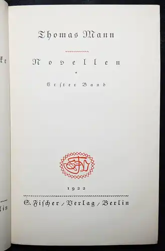 Thomas Mann, Novellen. Fischer 1922 SCHÖNE ORIG.-HALBLEDER