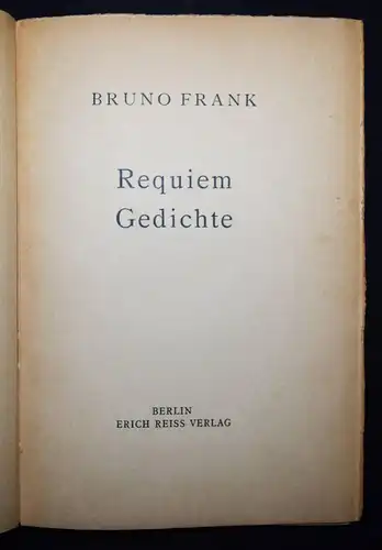 Frank, Requiem - Erich Reiss 1916 SIGNIERT WIDMUNGSEXEMPLAR