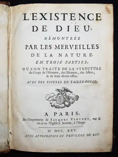 Nieuwentijt, L’existence de Dieu démontrée par...1725 ANATOMIE ASTRONOMIE PHYSIK