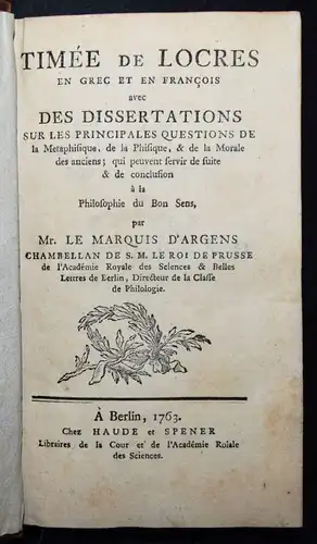 Argens, Jean-Baptiste Boyer. Timee de locres en Grec et en François 1763
