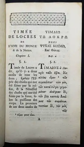Argens, Jean-Baptiste Boyer. Timee de locres en Grec et en François 1763