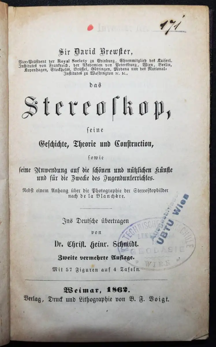 Brewster, Das Stereoskop. Voigt 1862 STEREOPHOTOGRAPHIE STEREOSKOPIE OPTIK